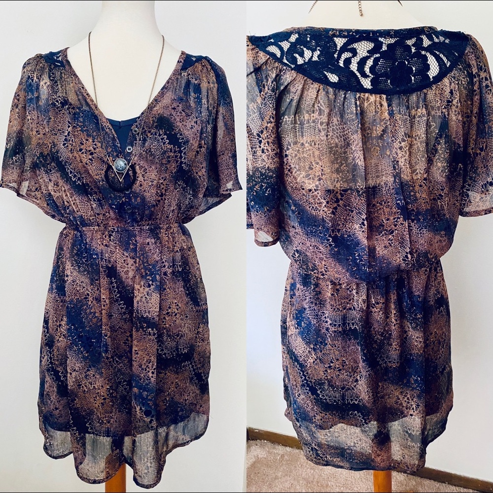 Xhilaration Sheer Blue & Brown Print Mini Dress